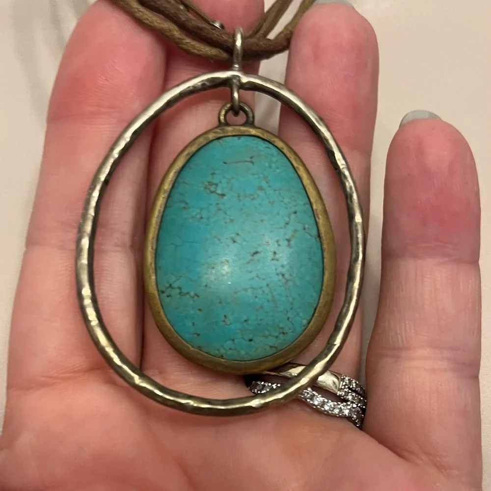 Silpada Howlite Turquoise Pendant Necklace with Brown Cord .925 Silver frame. - Picture 4 of 9